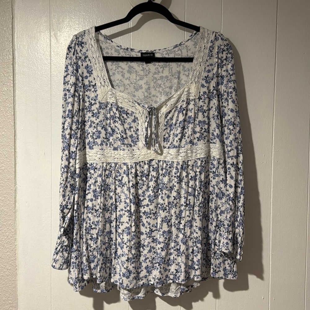Babydoll Rayon Slub Lace Trim Long Sleeve Top